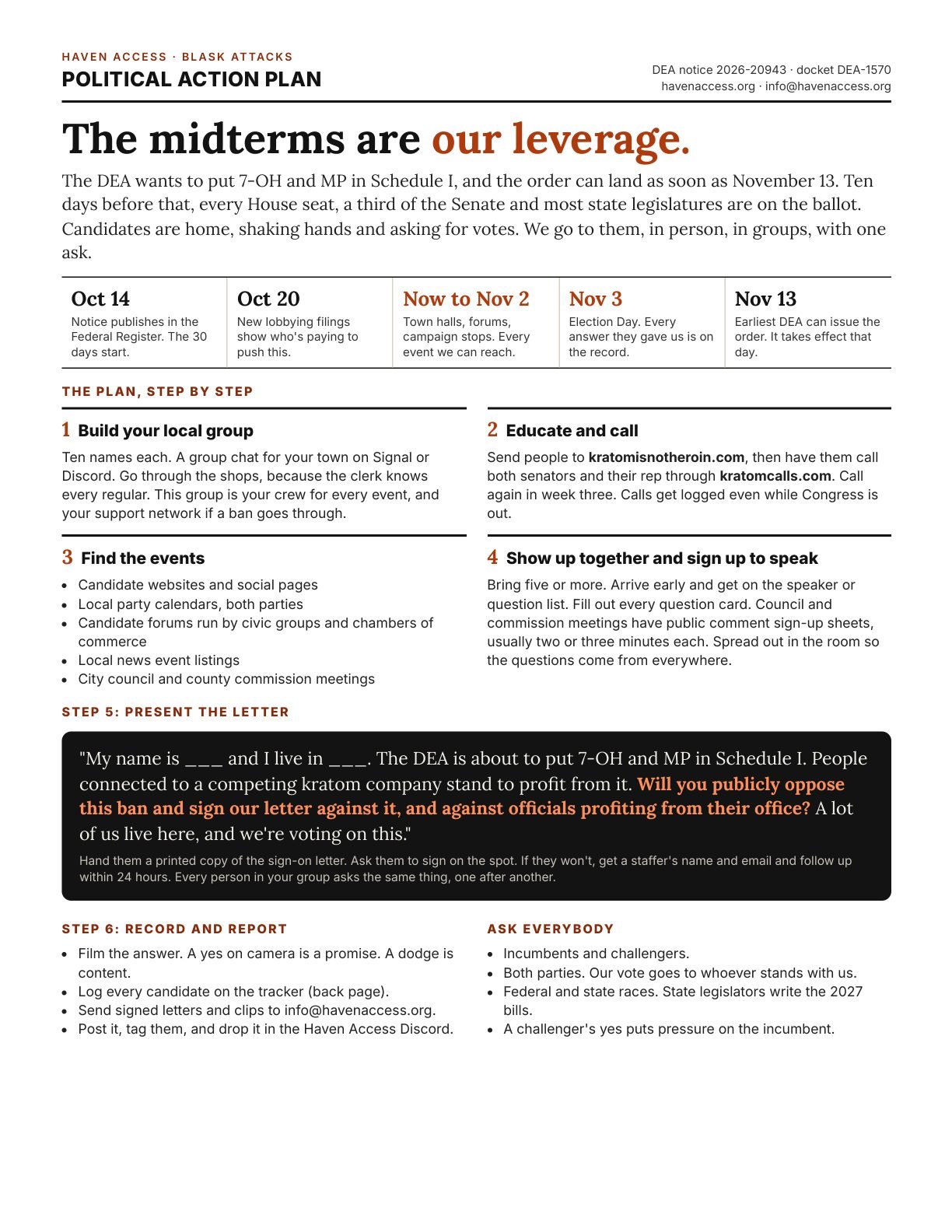 Page one of the action plan: the timeline and the six steps