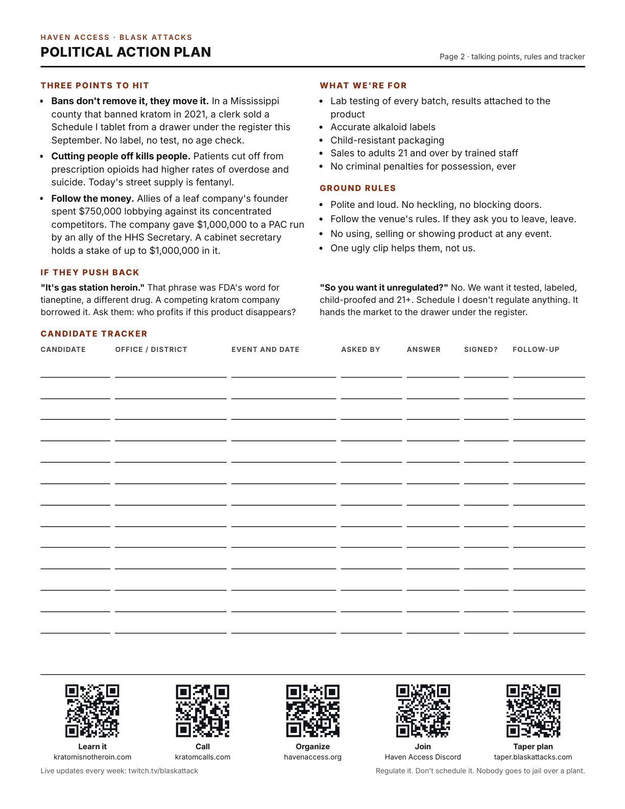 Page two of the action plan: talking points, ground rules and the candidate tracker