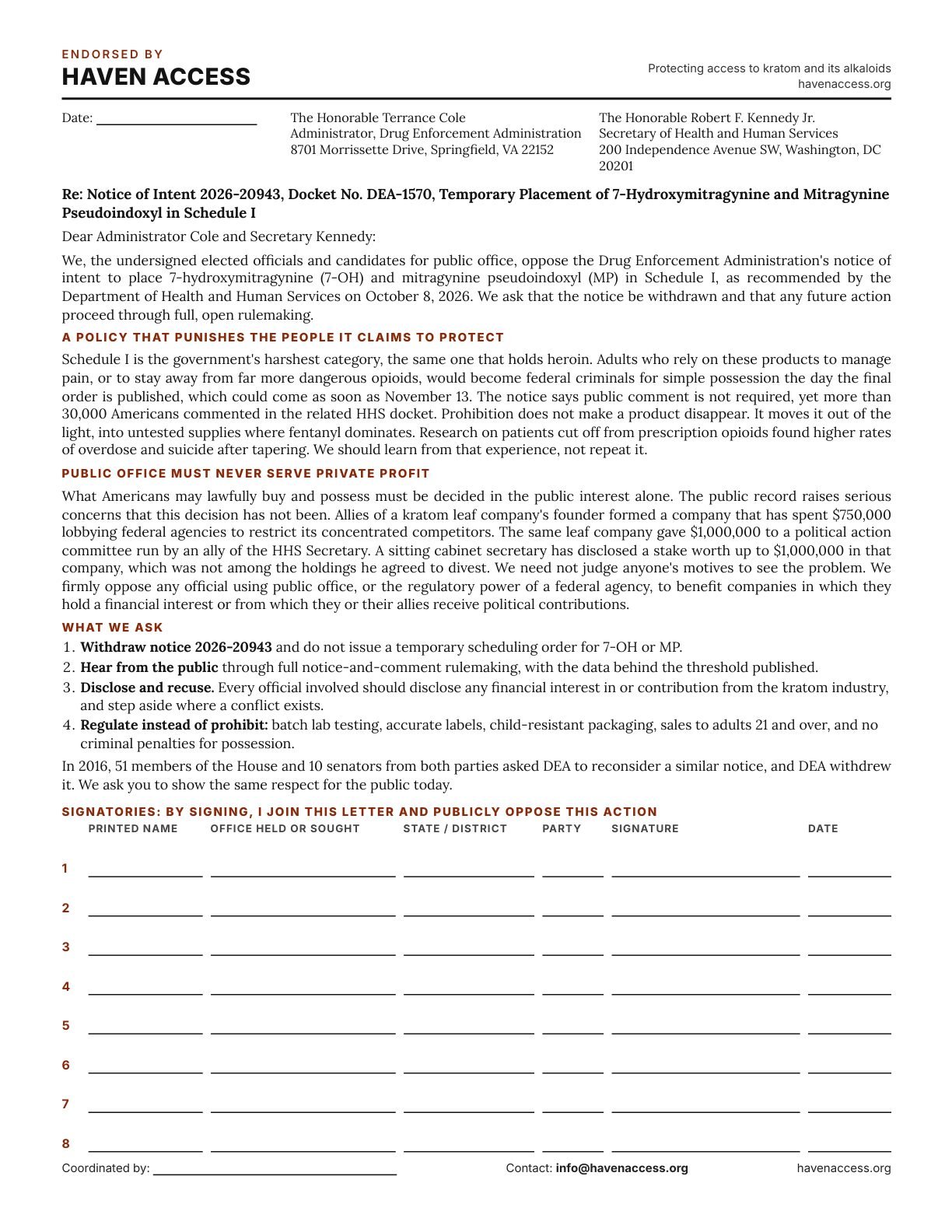 The one-page sign-on letter, with eight signature lines at the bottom